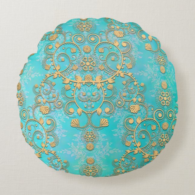 Cojín Redondo Aqua y oro amarillo Damask lujoso (Anverso)