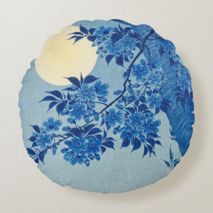 Cojín Redondo Árbol azul bajo la luz de la luna: Noche de flor d