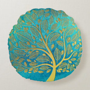 Cojín Redondo Árbol azul turquesa y oro