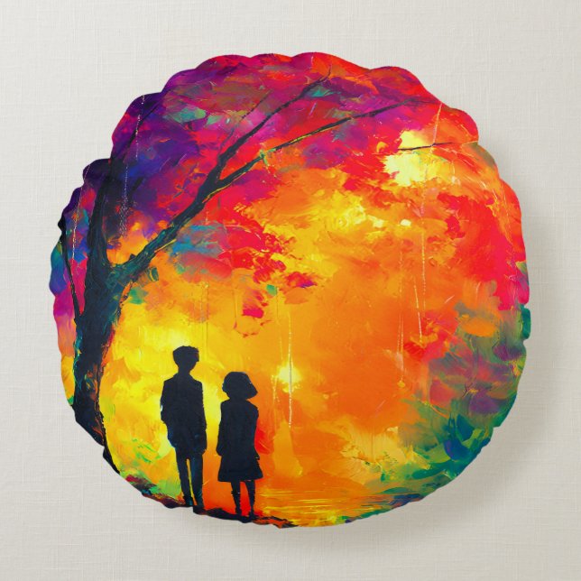 Cojín Redondo Árbol de amor colorido (Anverso)