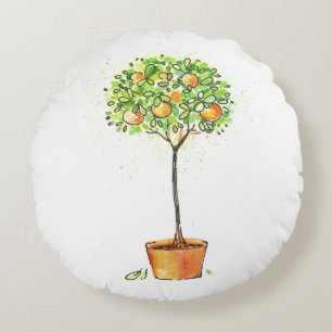 Cojín Redondo Árbol de fruta cítrica pintado de la acuarela en