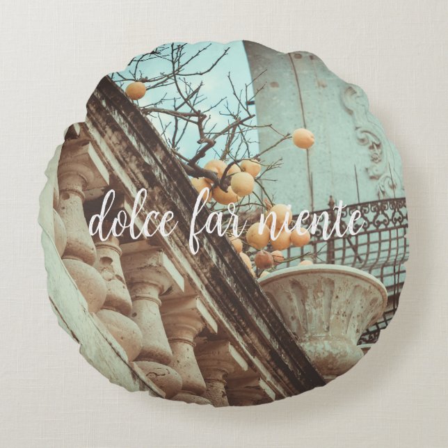 Cojín Redondo Árbol de limón y edificios antiguos (Anverso)