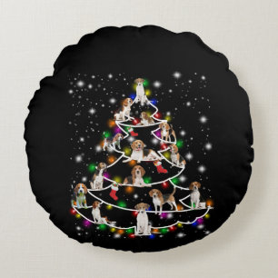 Cojín Redondo Árbol De Navidad Beagle Cubierto De Lámparas