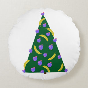 Cojín Redondo Árbol de Navidad de arte pop con manzanas y plátan