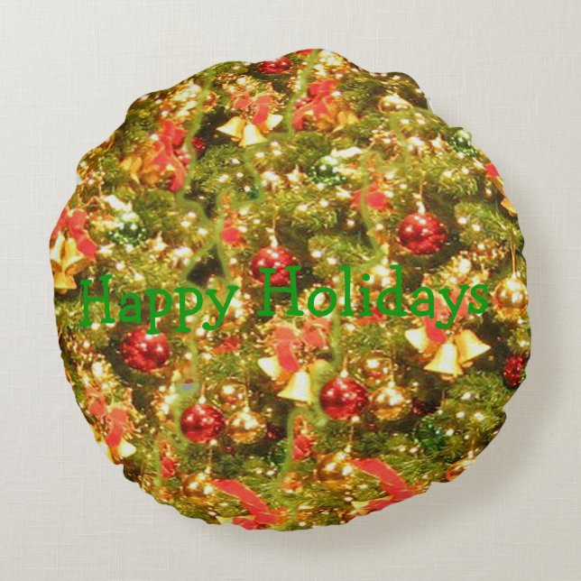 Cojín Redondo árbol de navidad decorado con texto (Reverso)