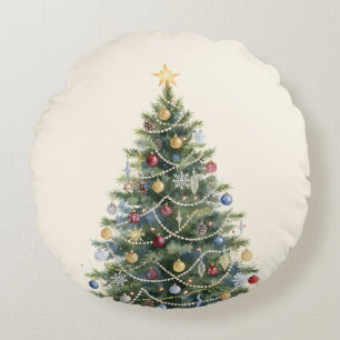 Cojín Redondo Árbol de Navidad en acuarela rústica Navidades