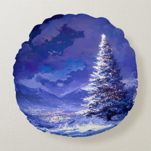 Cojín Redondo Árbol de Navidad resplandeciente paisaje de montañ