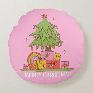 Cojín Redondo Árbol de Navidad retro rosa