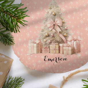 Cojín Redondo Árbol de Navidad rosa suave y suave con nombre per