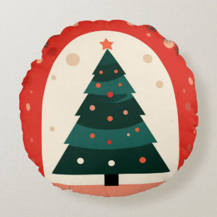 Cojín Redondo Árbol de Navidad verde con fiesta roja