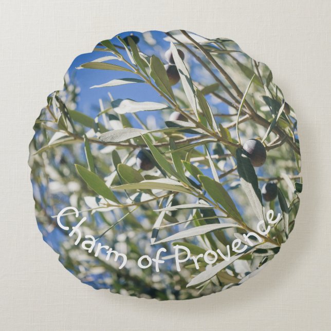 Cojín Redondo Árbol de oliva verde con frutas negras (Anverso)