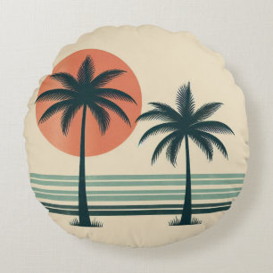 Cojín Redondo Árbol de palmeras tropicales retro/vintage