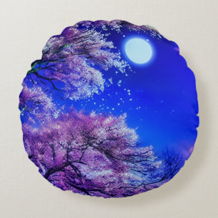 Cojín Redondo Árbol de primavera, luna, cielo azul.