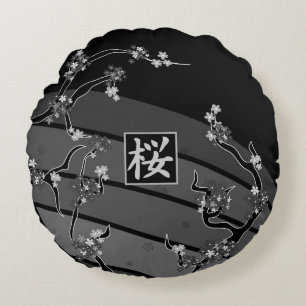 Cojín Redondo Árbol negro de flores de cerezo