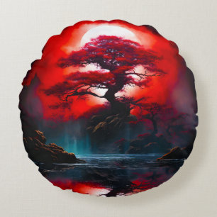Cojín Redondo Árbol Rojo Místico Bajo Luna Llena