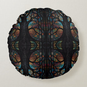Cojín Redondo Árboles abstractos del bosque oscuro mosaico