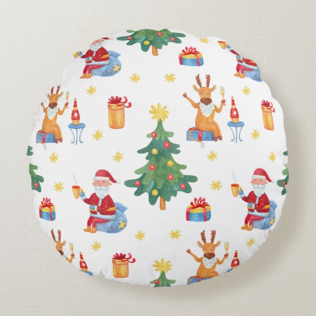Cojín Redondo Árboles de Navidad, Santa: patrón de acuarela. (Anverso)