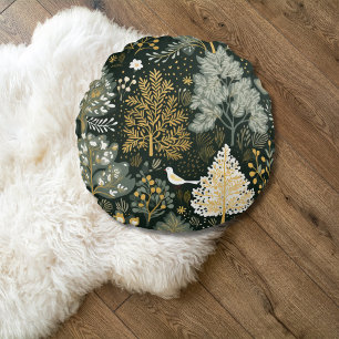 Cojín Redondo Árboles de Navidad vintage boho blanco verde dorad
