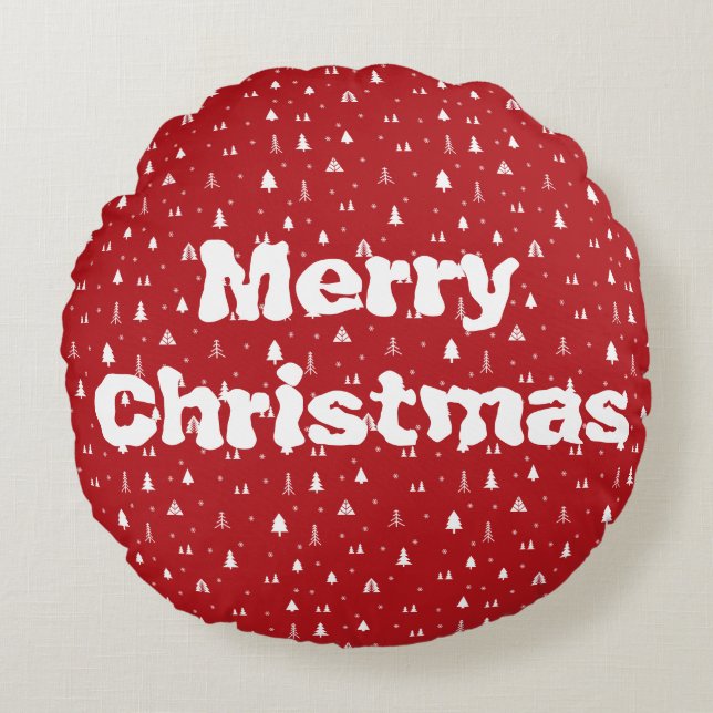 Cojín Redondo Árboles de Navidad y copos de nieve rodean a almoh (Anverso)