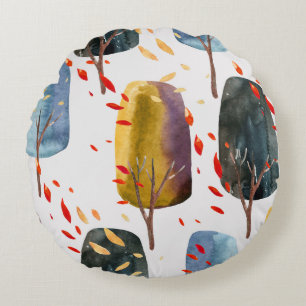 Cojín Redondo Árboles de otoño: acuarela pintada a mano sin foco