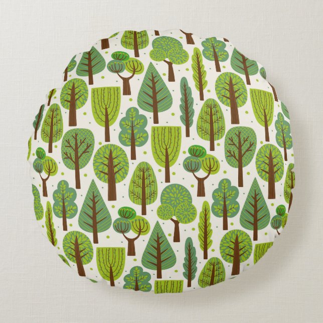 Cojín Redondo Árboles de verano: patrón verde sin foco (Anverso)