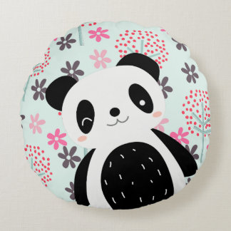 Cojín Redondo Árboles, flores y osos panda