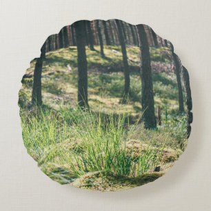 Cojín Redondo Árboles forestales. Madera verde natural fondo sol