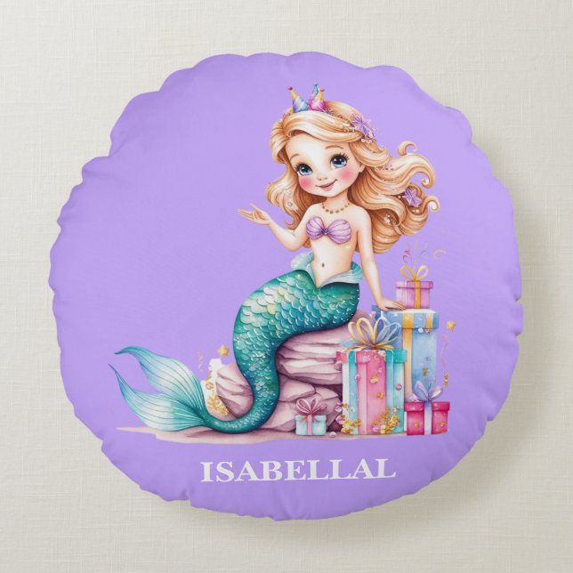 Cojín Redondo Arcoiris de sirena mágica fiesta chica de cumpleañ (Anverso)