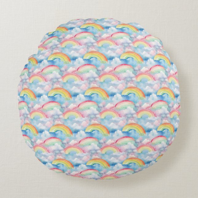 Cojín Redondo Arcoiris, nubes y copos de nieve sin foco (Anverso)