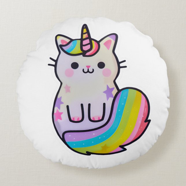 Cojín Redondo Arcoiris unicornio de gato blanco (Anverso)