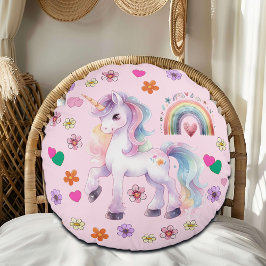 Cojín Redondo Arcoiris y flores de unicornio coloridas