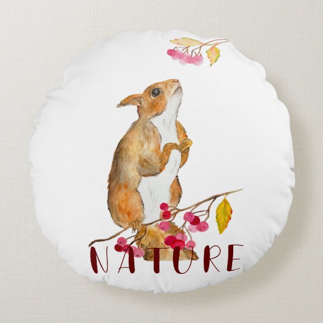 Cojín Redondo Ardilla acuática divertida en una rama con bayas (Anverso)