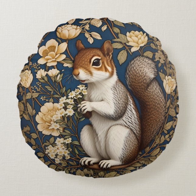 Cojín Redondo Ardilla Con Flores De Acacia William Morris (Anverso)