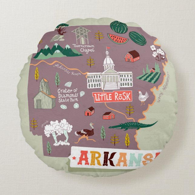 Cojín Redondo Arkansas Ilustrado: Mapa de viaje de EE. UU. (Anverso)