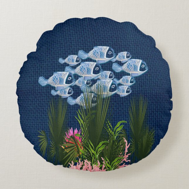 Cojín Redondo Armada texturada, pescado, coral rosado (Anverso)