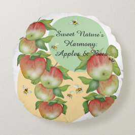 Cojín Redondo Armonía dulce: manzanas acuarelas y una abeja