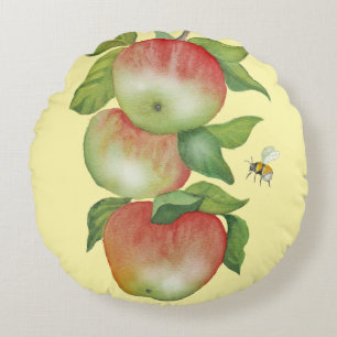 Cojín Redondo Armonía dulce: manzanas acuarelas y una abeja