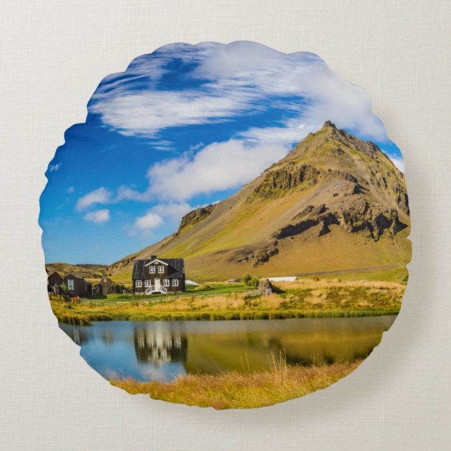 Cojín Redondo Arnarstapi Amtmansshus Y Monte Stapafell, Islandés (Anverso)