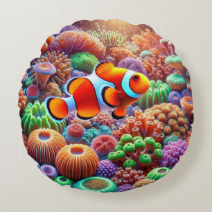 Cojín Redondo Arrecife de coral vibrante con un pez payaso
