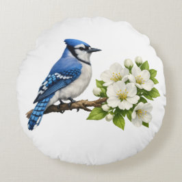 Cojín Redondo Arrendajo Azul con Flores Blancas