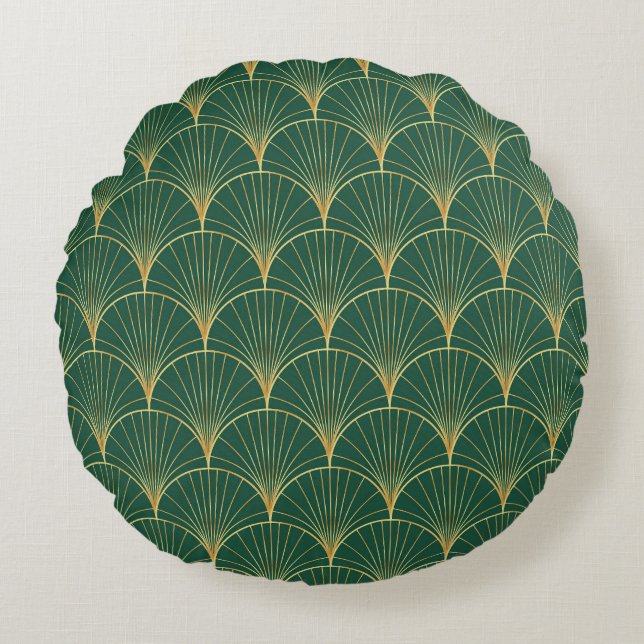 Cojín Redondo Art Deco de la hoja de palma verde (Anverso)