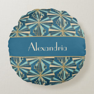 Cojín Redondo Art Deco Geométrico Dorado, Azul y Verde Luxuoso G