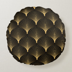 Cojín Redondo Art Deco: patrón oro negro.