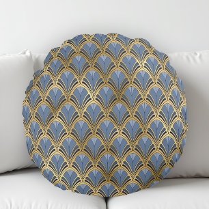 Cojín Redondo Art Deco Vintage Patrón de Abanico Floral Azul Dor