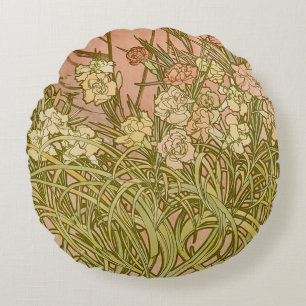Cojín Redondo Art Nouveau Alfonse Mucha Flores de clavel floral
