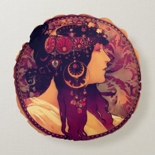 Cojín Redondo Art nouveau Alphonse Mucha Donna Orechini elegante
