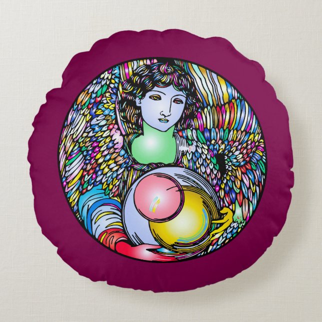Cojín Redondo Art Nouveau Angel On Stained Glass (Anverso)