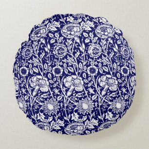 Cojín Redondo Art Nouveau Clavel Damask, Azul Marino y Blanco