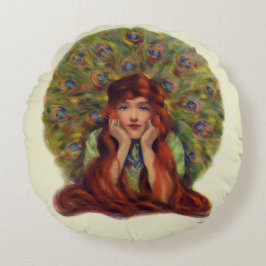 Cojín Redondo Art Nouveau deco elegante plumas de pavo real