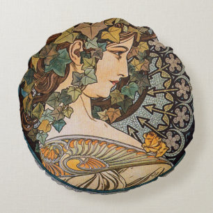 Cojín Redondo Art Nouveau Diosa de la Naturaleza de Alphonse Muc